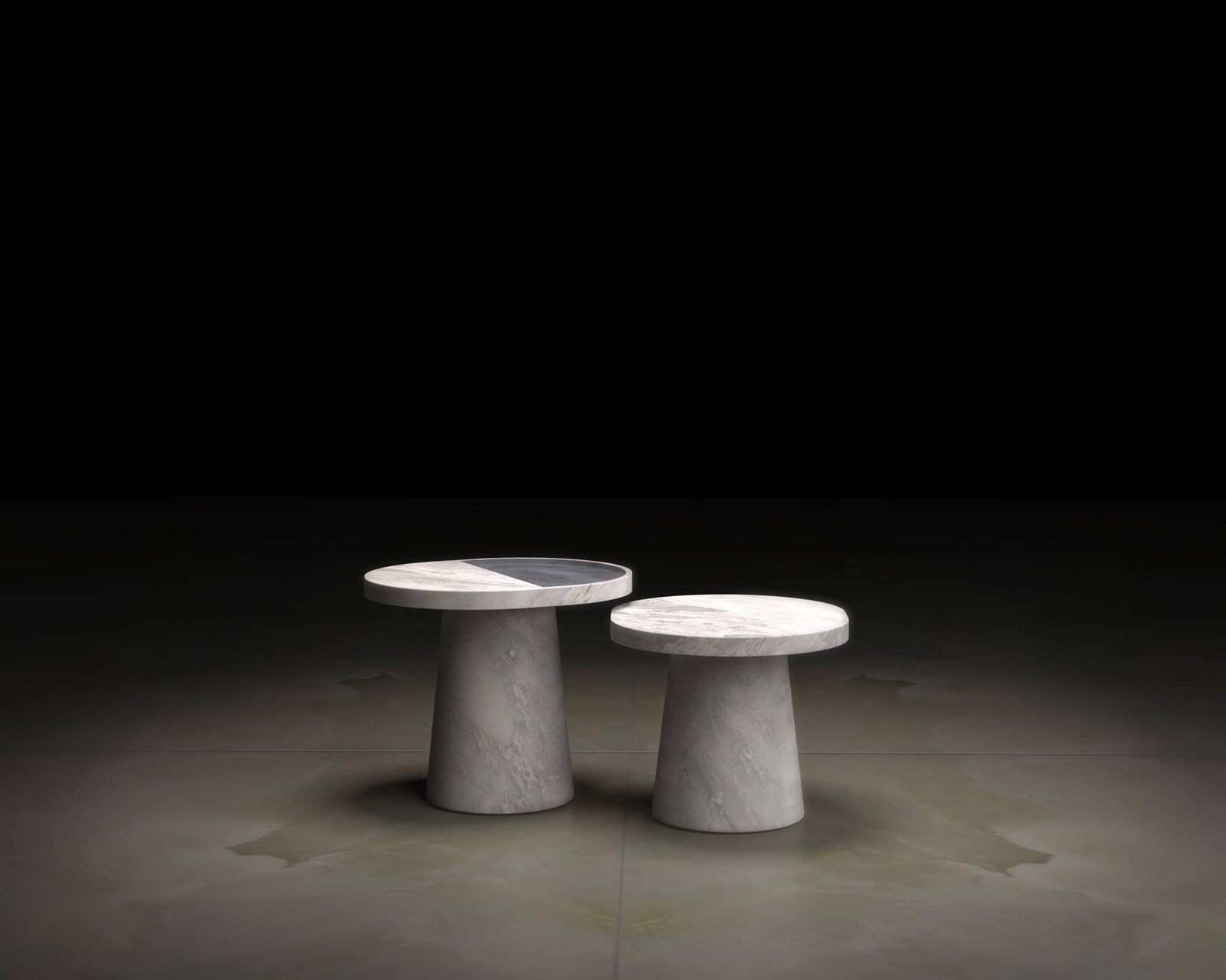Marble and wood interiors: two round stone side tables of different heights, one with a top combining two stones